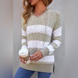 Striped Popcorn Knit Hooded Sweater Sage/White